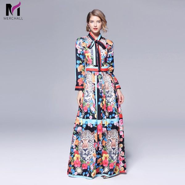 

casual dresses arrival 2021 designer runway maxi dress women's long sleeve bow floral printed striped pleated elegant party, Black;gray