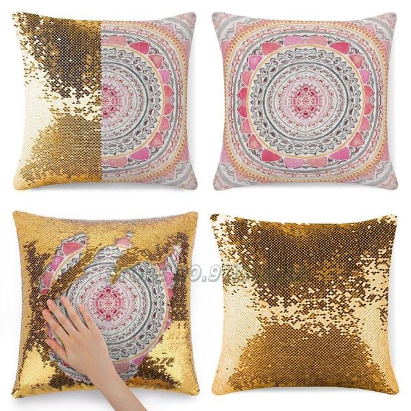 

pillow case pastel bohemian mandala sequins pillowcase glitter reversible decorative cover water color pattern peach pink red magenta grey m