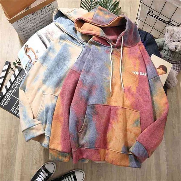 

oversized tie dye women hoodies plus velvet female hooded casual sweatshirt harajuku pullovers korean style clothes 210809, Black