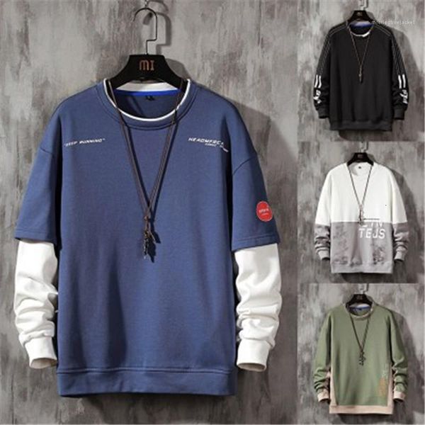 

men's & long sleeve round neck sweatshirts autumn fashion trend male sports casual loose pullover man fake two piece hoodies designer, Black