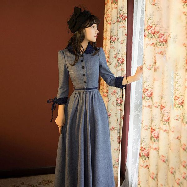 

casual dresses autumn and winter french retro national style college dress with thin waist long skirt for students, Black;gray