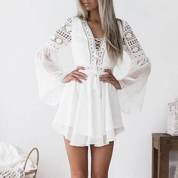 

casual dresses hollow out white party dress women mini chiffon semi-sheer checkered plunge v-neck sleeve crochet lace black, Black;gray