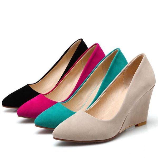 

women shoes beige pumps flock pointed toe high heels wedges footwear ladies wedge plain size 34-43 dress, Black