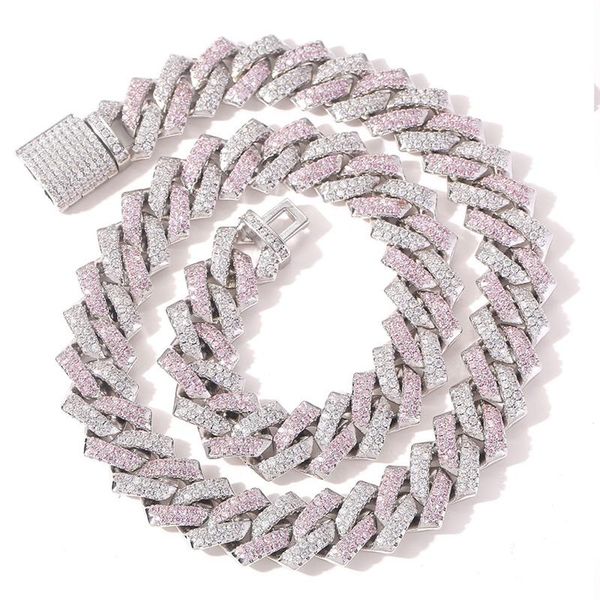 

hip hop pink white cz stone two tone bling iced out square curb cuban miami link chain chokers necklaces for men rapper jewelry chains, Silver