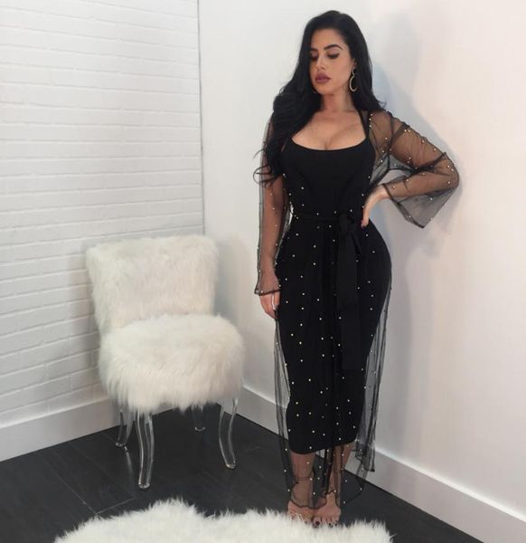 

two piece dress women 2pcs set spaghetti straps pearls sheer long sleeve cardigan outerwear mesh party dresses outfits, White