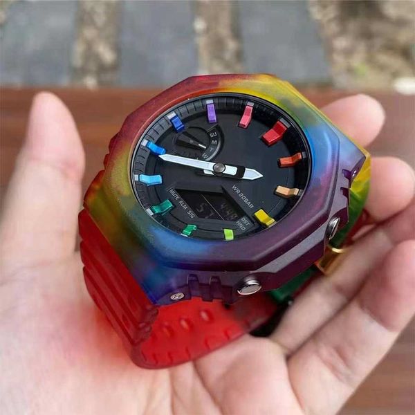 Sport Herren Quartz Watch 2100 Watch Rainbow Color Full Featured World Time LED Auto Hand Raising Light Oak Series