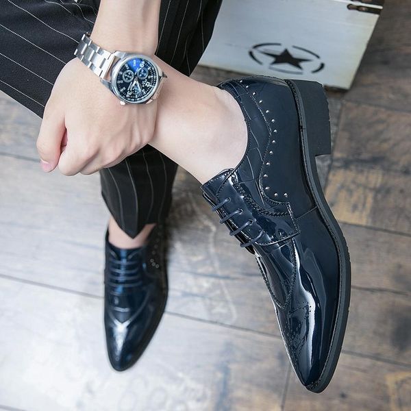 

dress shoes 2021 men oxford genuine leather brogue pointed lace up flats male casual wedding black blue size 38-48