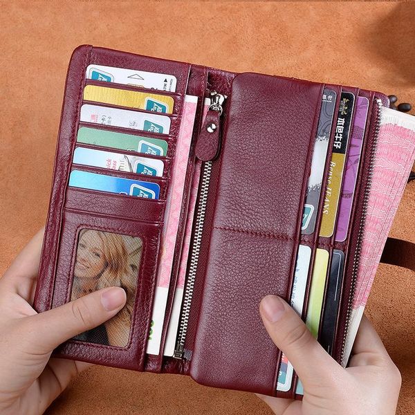 

wallets large-capacity pull-out leather wallet women's long retro personality hand bag cowhide zipper, Red;black