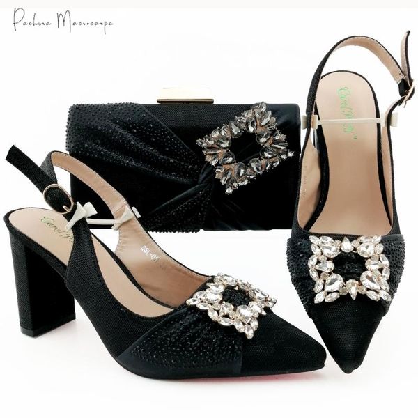 

dress shoes 2021 lastest nigerian fashion black color square crystal style italian design women and bag set for party wedding