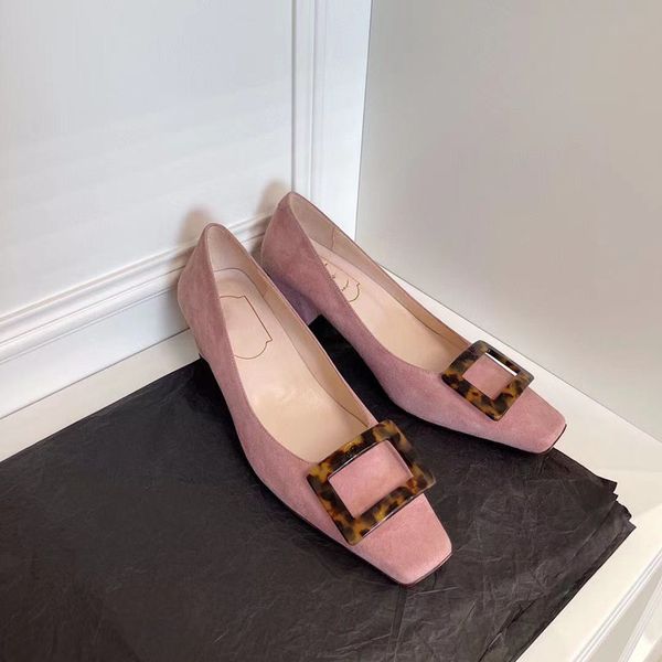 

version rv single shoes women thick mid-heel sheepskin suede agate square buckle shallow head formal wear work wedding commuting fashion off, Black