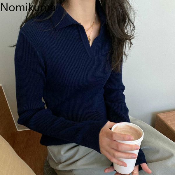 

nomikuma autumn winter v-neck knitted basic pullovers new solid long sleeve knitwear women slim elegant jumpers 6c169 210427, White;black