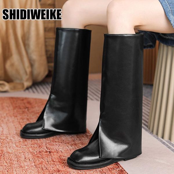 

boots women wedge black fold knee high heel square toe long female botas mujer big size shoe vc1348