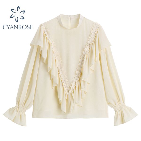 Camicetta in chiffon retrò con volant impiombato Top Primavera Elegante lanterna coreana manica lunga increspato Maglione camicie da ufficio Top da donna 210417