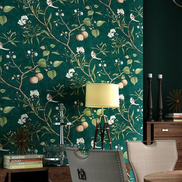 

wallpapers american country wallpaper rural style retro nostalgia living room bedroom dark green flowers and birds tv background wall paper