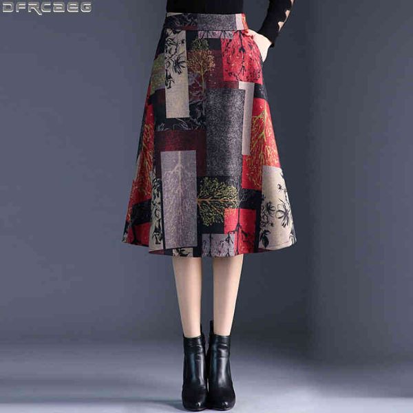 

casual dresses fashion street wear midi skirt for women aesthetic woolen autumn winter s female high waist print a-line plus size, Black;gray