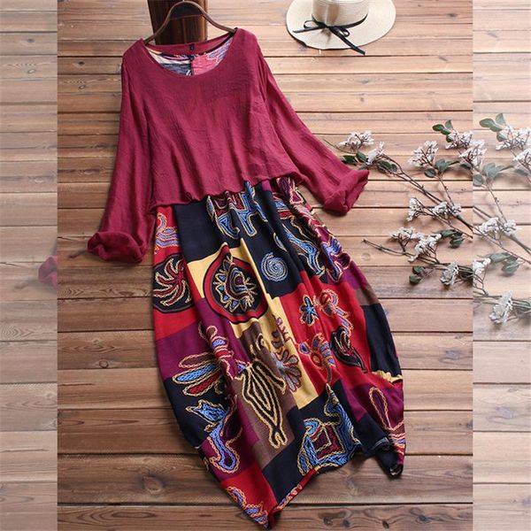 

casual dresses cotton linen vintage fashion dress women print elegant long party vestidos loose robe femme plus size 5xl, Black;gray