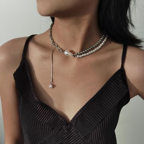 

chains goth pearl chain necklace vintage iron silver color small beaded pendanr long tassel choker women jewelry