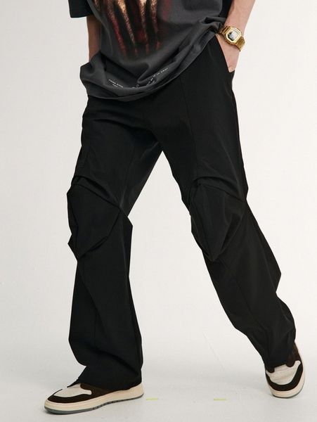 

men solid ruched pants p08g#, Black
