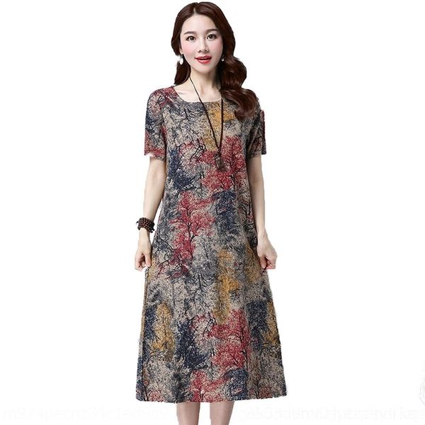 

jsa summer women'scotton hemp plus size es literature style large loose print short sleeve medium length dresslong dress skirt 2021