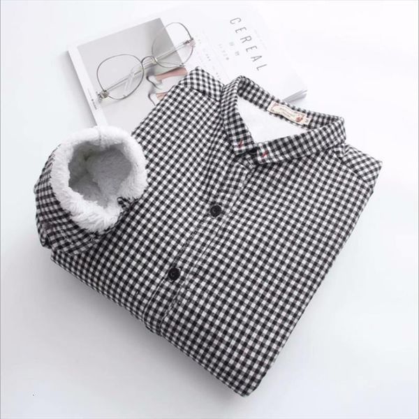 

korean black and white plaid women blouses velvet long sleeve warm winter thickening blouse female outerwears