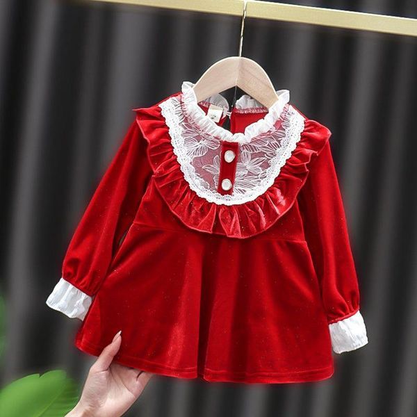

girl's dresses baby girl spring and autumn korean fashionlace velvet dress long sleeve sweet, Red;yellow