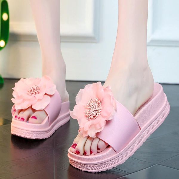 

slippers 2021 summer style ladies plus size ethnic flower women's shoes one-word drag thick-soled wedges, Black