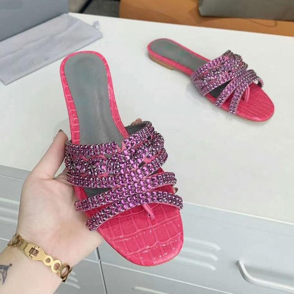 

summer flat beach slippers women bling crystal flip flops lazy mullers casual pink rhinestone sandals for ladies 2021, Black