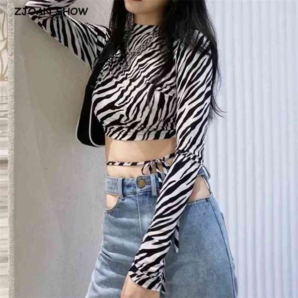 Sexy Zebra Leopardo Snakard Padrão Impressão Longa Manga Basta T-shirt Crop Top Mulher Cintura Cintura Tee Tee Party 210429