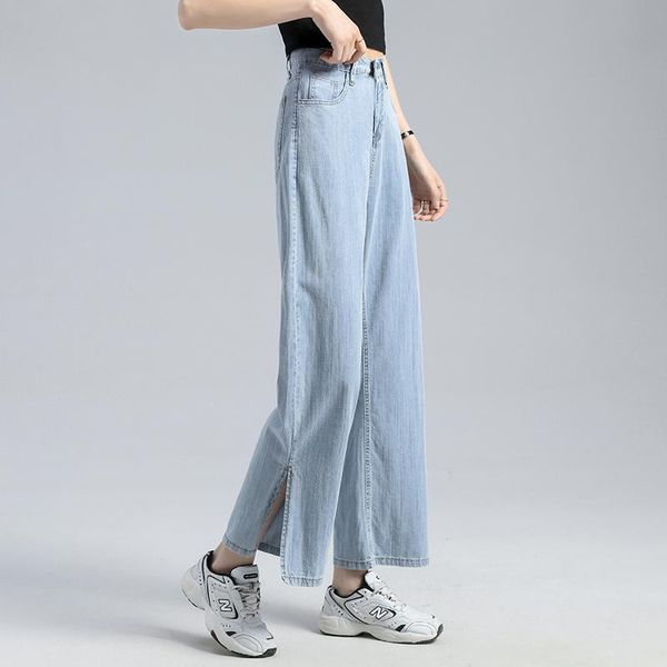 

women's jeans tencel 2021 hong kong style student loose drop split pants straight casual capris, Blue