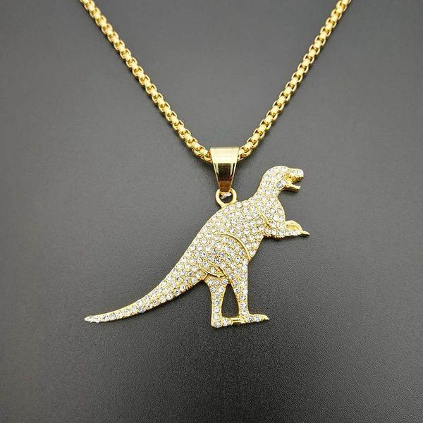 Colares Pingente Hip Hop Corrente de Ouro Cz Zircon Bling Fora De Aço Inoxidável Dinossauro Tiranossauru Pingentes Colar Para Homens Rapper Jóias