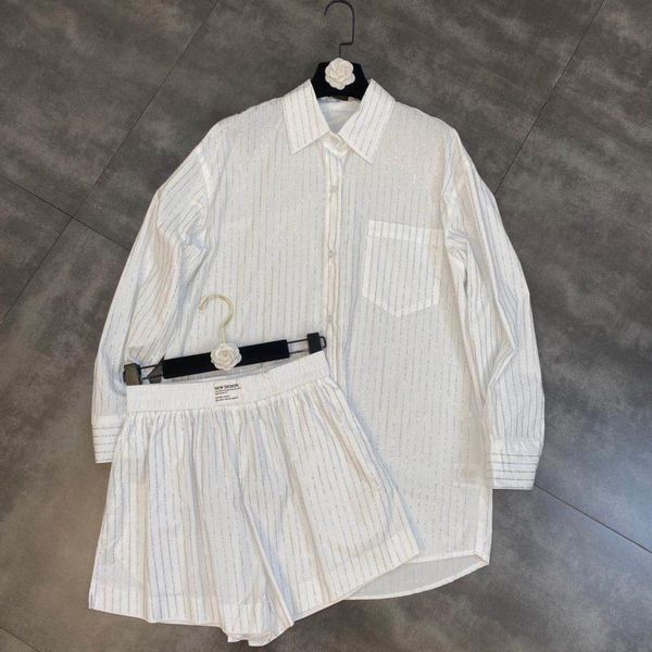 

women's tracksuits fabpop 2021 long sleeve turn down collar diamonds strip white shirt elastic shorts two piece matching set outfits gb, Gray