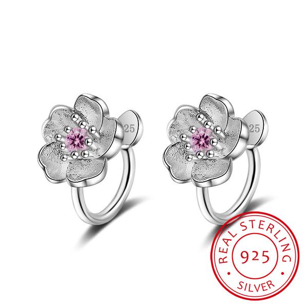 

cute 925 sterling silver cherry blossoms flower set pink cz hoop earring for women girls kids jewelry orecchini aros aretes, Golden