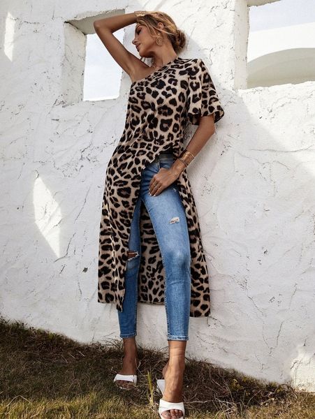

leopard print one shoulder high low hem blouse e0i1#, White