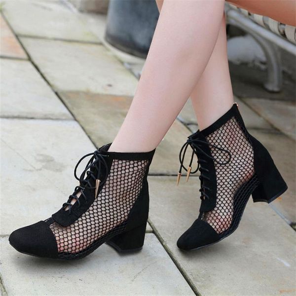 

roman lace up shoes women sandals mesh cut-outs square toe high heels woman black flock ladies ankle boots