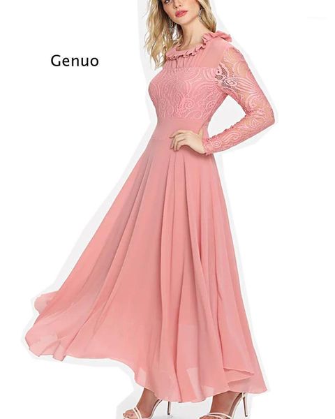 

casual dresses womens vintage elegant plus size lace chiffon patchwork maxi dress long sleeves party a-line vestido de festa, Black;gray