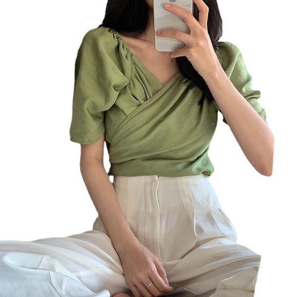 

women's blouses & shirts puff sleeve v neck crop tshirt women shirt spring autumn chic work out t blusas mujer de moda 2021 verano, White