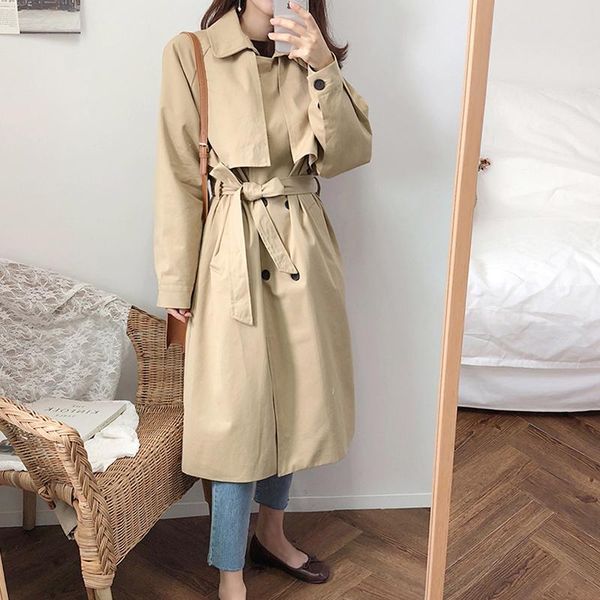 

women's trench coats coat for women korean style khaki fashion autumn button windbreaker slim elegant, Tan;black