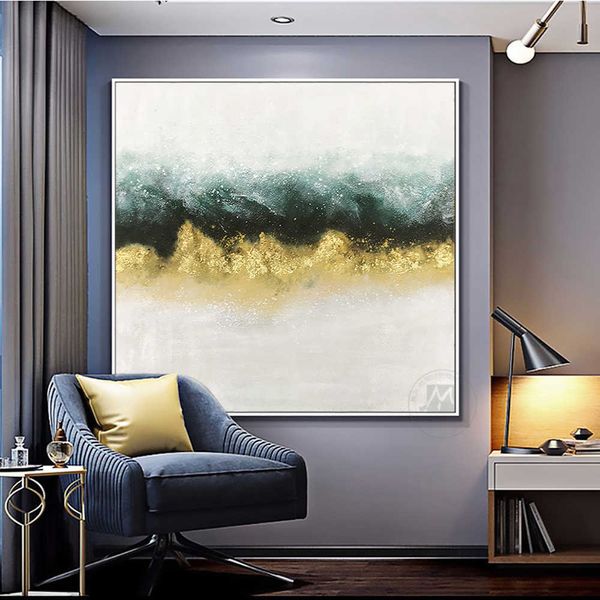 Handgemalte abstrakte Malerei Textur Acryl Moderne Kunst grünes Ölgemälde Golden für Wohnzimmerwand Große Heimdekoration 210705