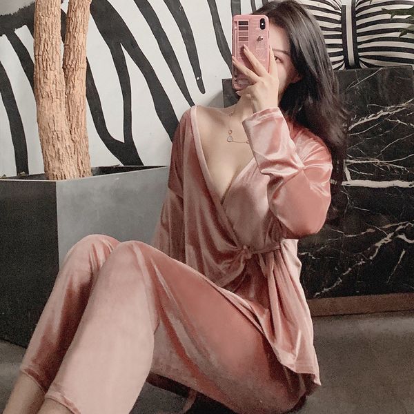 

2021julys song fashion velvet pajamas 2 pieces set woman deep v-neck casual slim spring autumn pajamas long sleeves sleepwear, Black;red