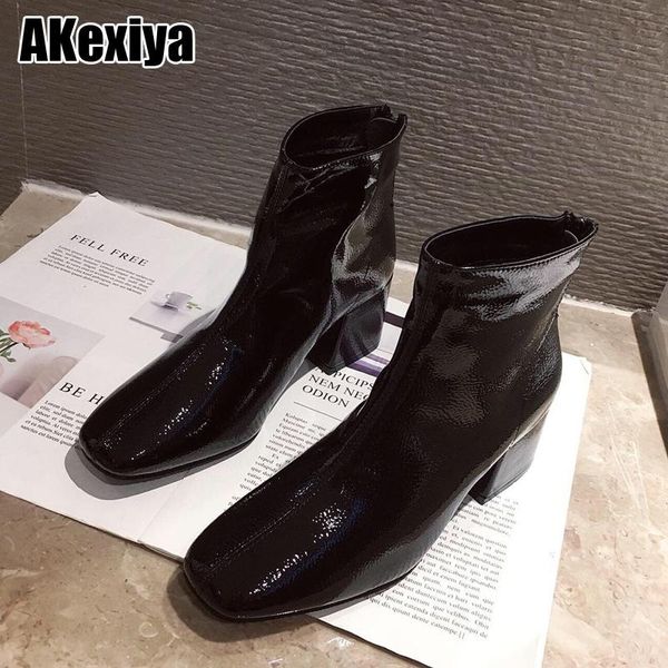 

boots 2021 fashion shoes women elasticated patent leather ankle pointed low heel female bc1467, Black