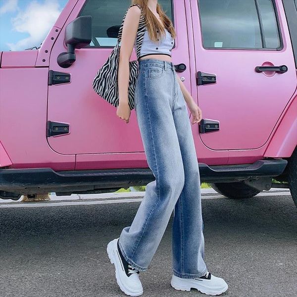 

retro street style high waist womens jeans wide leg pants age reducing gradient color women summer thin fashion blue