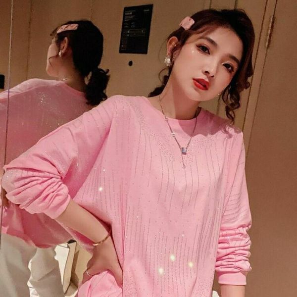 

women's t-shirt ihobby women pink drilling t shirt korean style round neck loose casual cotton tee summer bottoming shirts, White