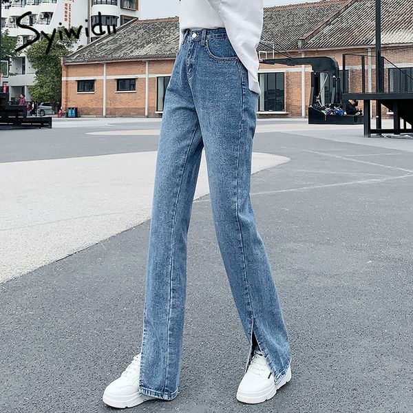 

2021syiwidii women jeans black flare pants front side slit leg 2021 spring high waisted bell bottom jeans full length denim clothes, Blue