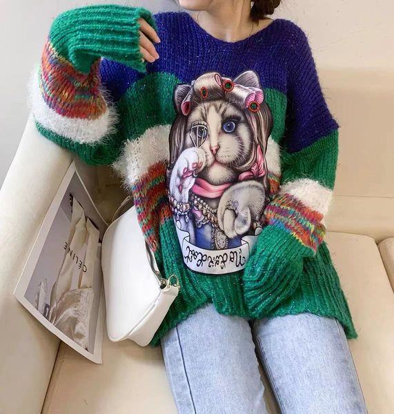 

sweater knit imitation cashmere 2021 autumn winter women's v-neck cartoon animal loose outer pullover, White;black
