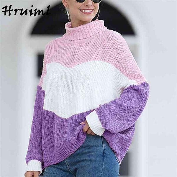 

turtleneck sweater women autumn winter warm patchwork batwing sleeve oversize pullovers knitted mujer casual loose 210513, White;black