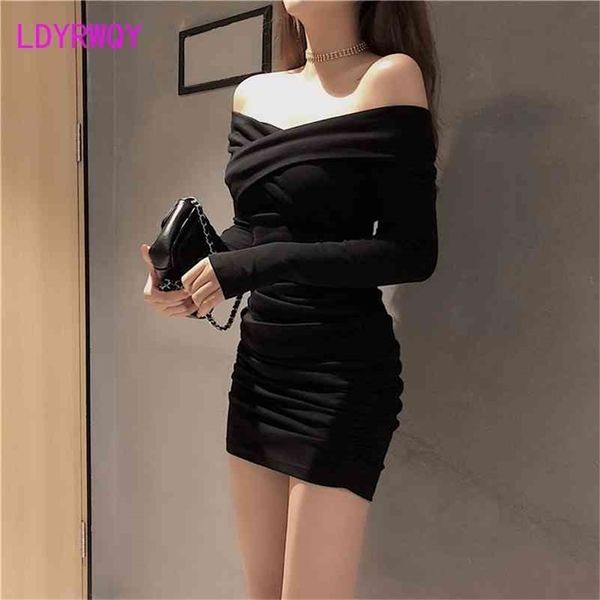 

[ldyrwqy] one-shoulder slim fit bag hips waist long-sleeved women's pleated dress v-neck sheath office lady 210416, Black;gray