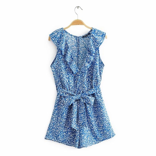 Mulheres Elegantes Sexy Floral Impressão Macacão Fashion Ladies Ruffles V-Pescoço Romper Streetwear Feminino Cinco Curva Sashes Playsuits 210427