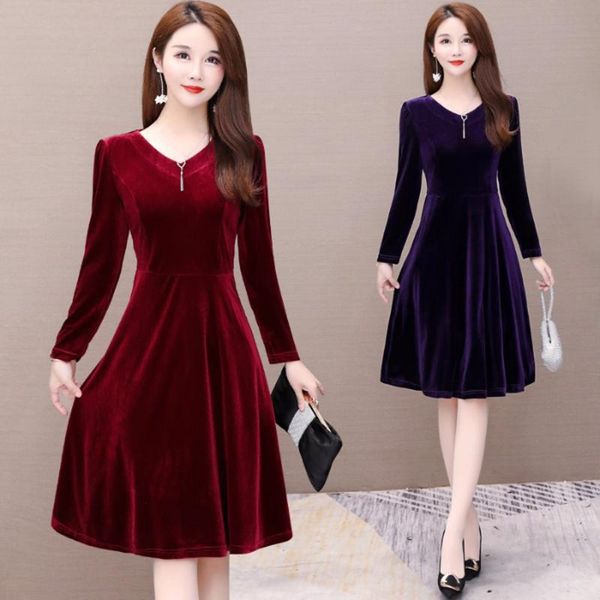 

casual dresses velvet for women 2021 spring autumn vintage v-neck long sleeved purple wine red pleated velour party, Black;gray