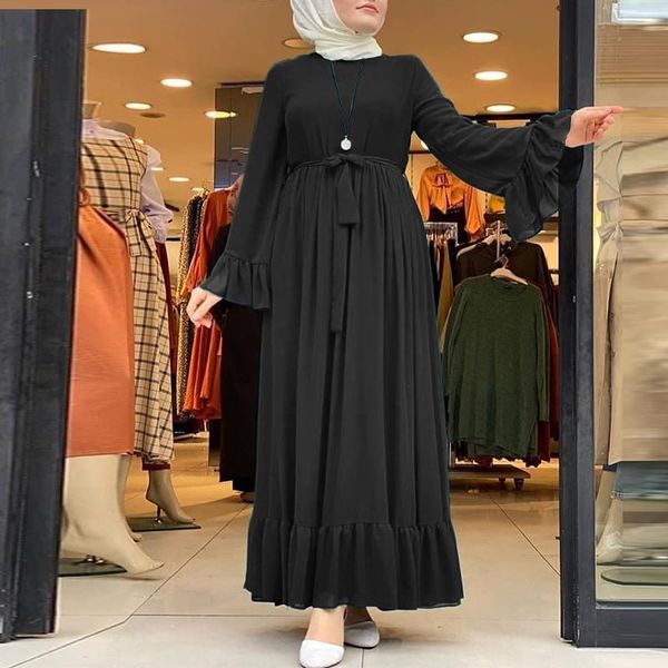 

casual dresses plus size women's autumn ruffle sundress zanzea vintage muslim dress hijab female hollow maxi vestidos robe belted, Black;gray