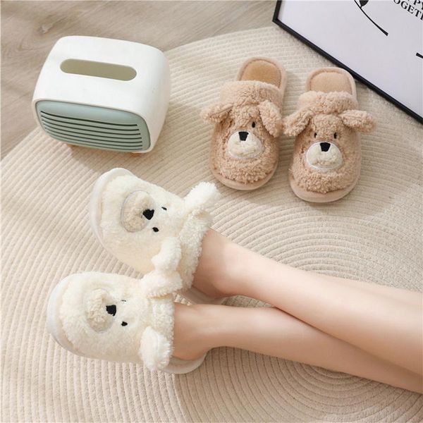 

slippers winter woman plush shoes for women 2022 fashion dog faux fur flat heel white beige plus size 36-45, Black